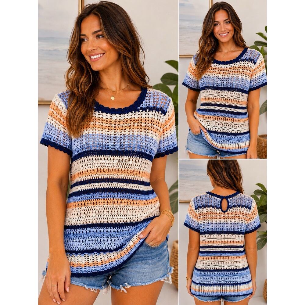 INC International Concepts XL Open Knit Crochet Striped Sweater Boho Coastal Top
